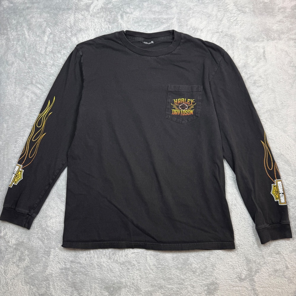 Vintage Harley Davidson Long Sleeve Shirt Mens M Black Faded Graphic Flame Y2K
